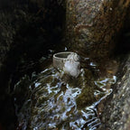 The Quiet Frost natural crystal cluster ring with white copper wirework resting on wet rocks
outdoors