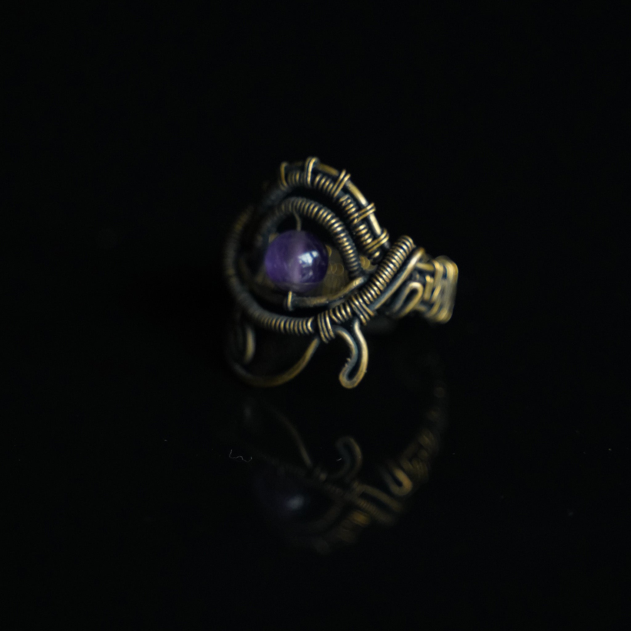 The Timekeeper amethyst and brass wire-wrapped ring, side view