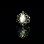 The Veil natural labradorite ring with hand-shaped brass wirework, front view